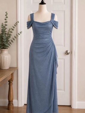 Alex Evenings Dusty Blue Cold-Shoulder Maxi Gown